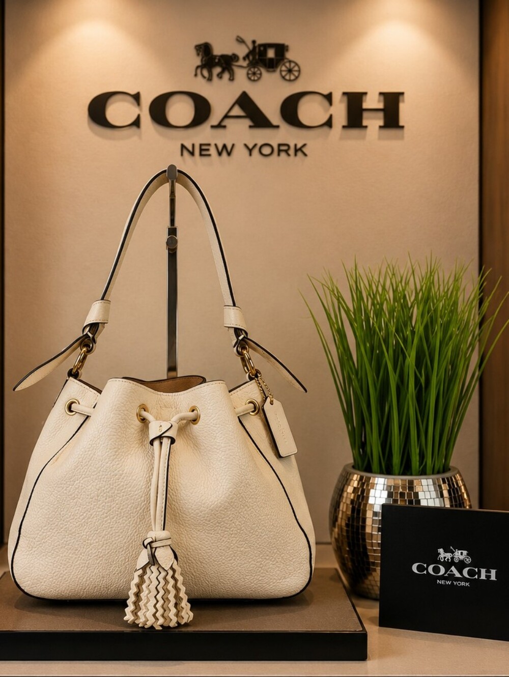 Coach Everly White Pebbled Leather Drawstring Shoulder Bag